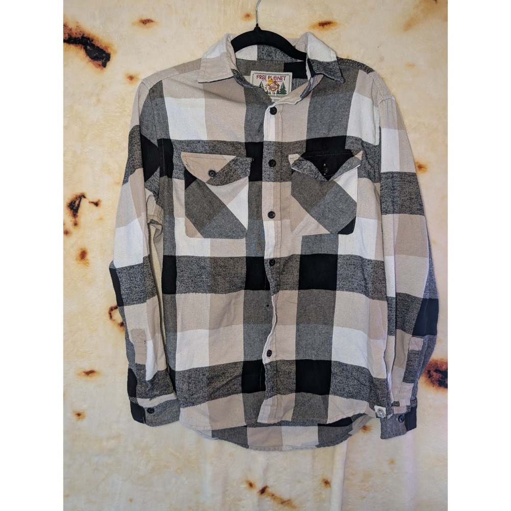 Free Planet Flannel Shirt Mens Small Tan Grey Buffalo Plaid Button Down Cotton